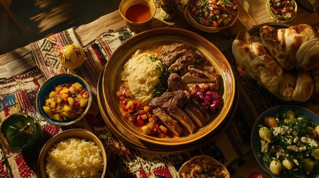 Hearty mountain heritage meal featuring sliced meat and mashed potatoes with vibrant sides