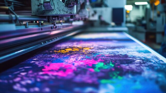 High-tech industrial printing machinery producing detailed advertising materials with vivid colors