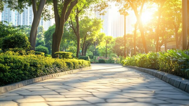 Sunny urban park pathway with lush green trees and manicured landscaping, inviting for a peaceful stroll