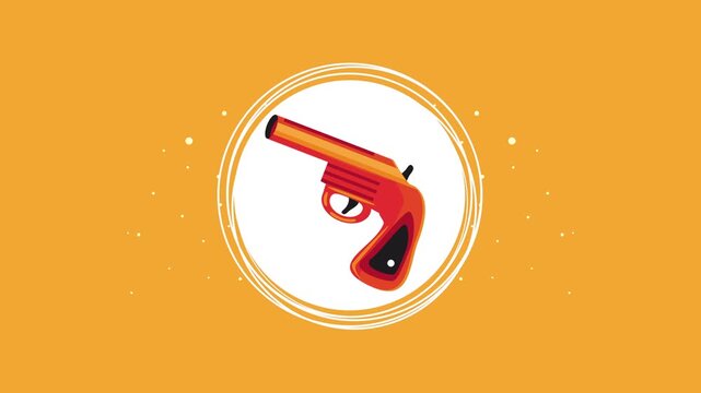 Animated illustration of vintage cap gun rotating in circle on orange background with confetti effect.