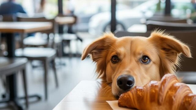 Golden Retriever Mix Dog Staring at Fresh Croissant on Cafe Table in Modern Coffee Shop Interior