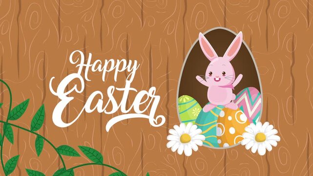 Happy easter lettering with pink rabbit and decorated eggs in hollow tree trunk animation.