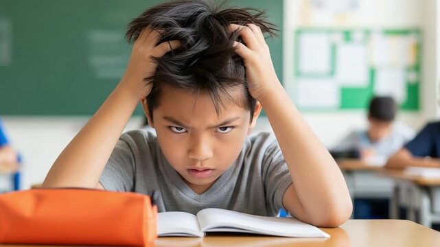 Stressed young Asian boy struggling with difficult school homework in classroom