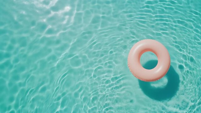 Aerial Top View of Pink Inflatable Swim Ring Floating on Crystal Clear Turquoise Water, Summer Vacation Full HD Background