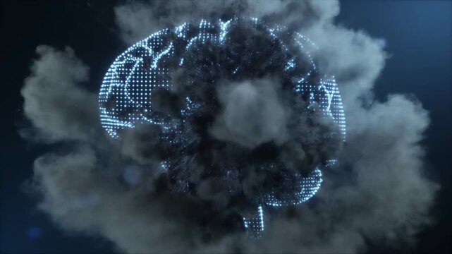 Digital Human Brain Overload with Red Laser Beams and Smoke Explosion, Futuristic AI Malfunction Concept, Full HD Cinematic Motion Graphic