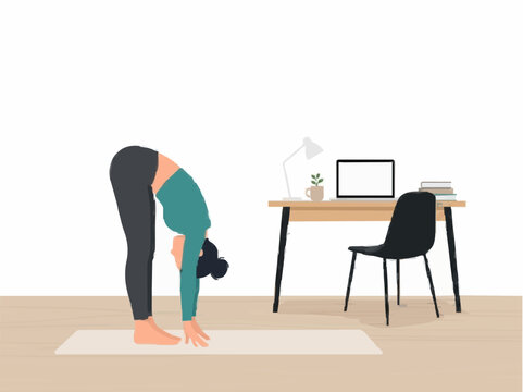 Woman stretching in home office for work break on white background