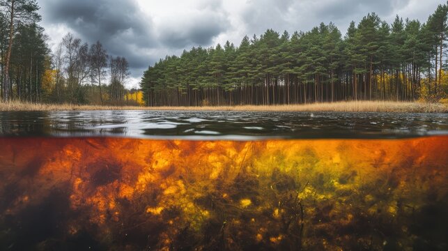 Toxic algae bloom covers polluted pond surface with vibrant colors, forest background