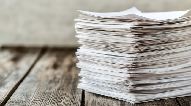 Tall Stack of White Papers and Documents Rests on a Rustic Wooden Surface Representing Accumulated Work and Information