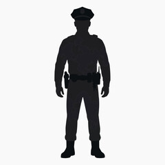 Obraz premium Silhouette of a police officer in uniform with a tactical belt and equipment