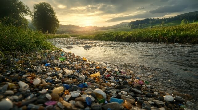 Small stream choked with colorful microplastic pollution near the edge with rolling hills and overcast sunset.