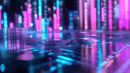 Fototapeta premium Stacks of digital coins glowing with futuristic neon lights in a data-driven financial environment