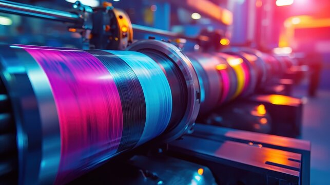 Vibrant Ink Cylinder in a Modern Printing Machine Showcasing Dynamic Color Application for Product Manufacturing