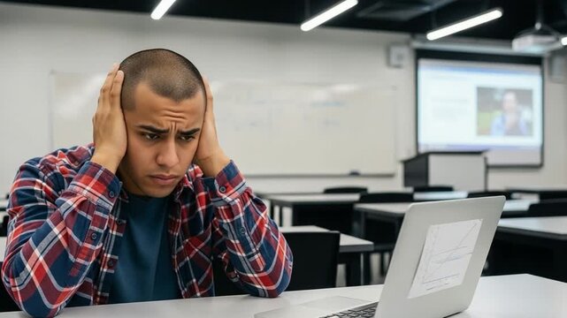 Stressed young male student holding head in frustration while studying at laptop in empty university classroom