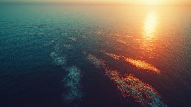 Vibrant iridescent oil slick on the surface of a vast ocean with warm sunlight