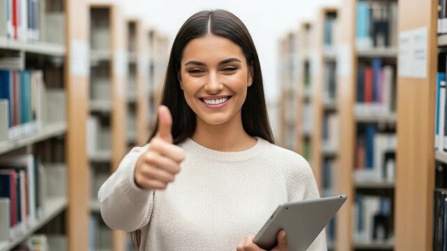 Young female student giving thumbs up holding tablet in university library aisle