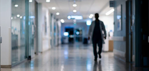 Fototapeta premium A blurred view of a hospital corridor with a silhouette of a person walking. The environment is well-lit, showcasing a modern medical facility.