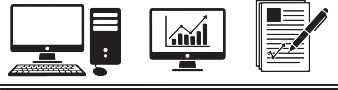 Computer, office, business icons, workflow symbols isolated PNG with Transparent Background