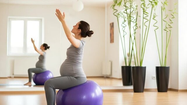 Pregnant woman doing prenatal yoga exercise on stability ball in fitness studio