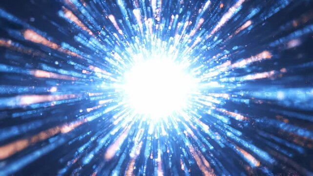 Glowing blue and orange digital data streams exploding from a central light with bokeh effects, concept for big data visualization, high speed network and futuristic technology
