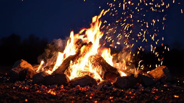 Burning wood logs in a campfire with bright orange flames and hot glowing embers on the ground at night, concept for outdoor camping activity, survival adventure and winter warmth season