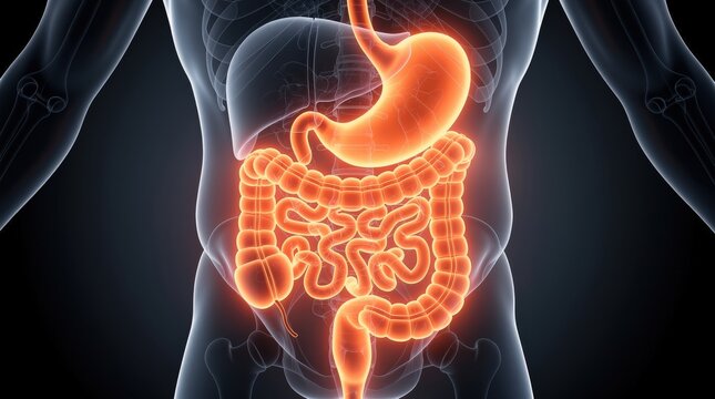 A digital illustration showing the human digestive system, highlighting the stomach and intestines in bright orange within a translucent torso.