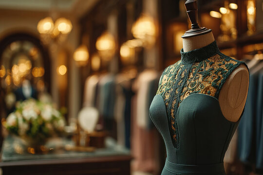 Elegant luxury evening dress on mannequin in high end fashion boutique with warm cinematic lighting