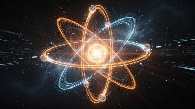 A glowing atomic structure with orbiting electrons, representing atomic or subatomic particles in a futuristic, digital space environment.