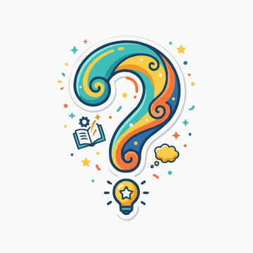 Colorful question mark with lightbulb and book symbolizing ideas and knowledge