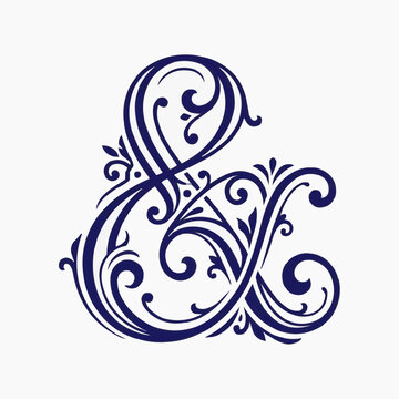 Elegant navy blue ampersand symbol with ornate swirls and flourishes on white background