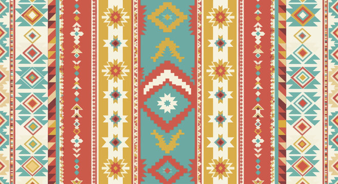 Vibrant Ethnic Pattern with Geometric Motifs and Rich Colors.