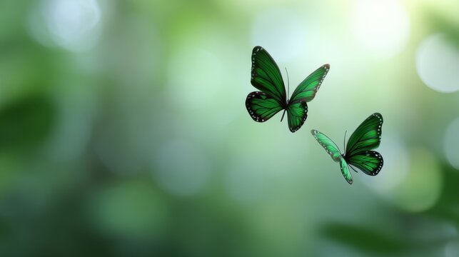Two striking emerald green butterflies in motion, soft green nature bokeh