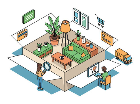 Online Shopping Experience: A stylized illustration depicting the entire online shopping journey, from browsing and selection to purchase and delivery, all contained within a virtual box.