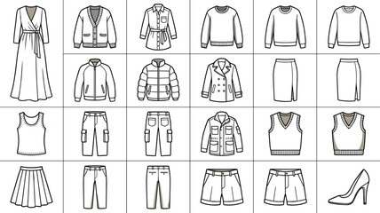 Women Fashion Apparel Outline Icon Set Featuring Dresses Sweaters Jackets Skirts Pants and High Heels Line Art for Clothing Flat Sketches and Design © Sakil
