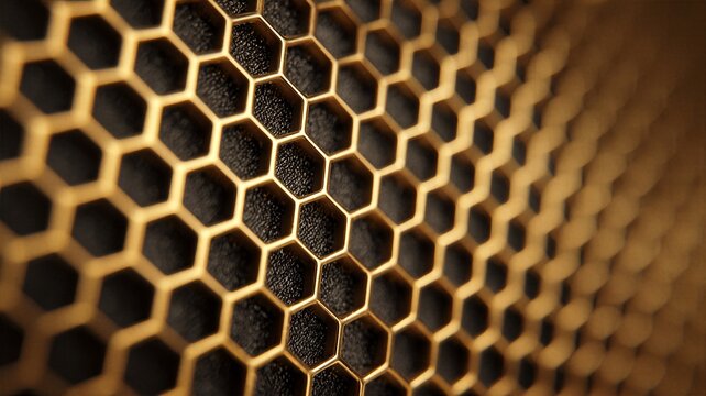 Macro shot of golden metallic honeycomb mesh texture abstract geometric pattern background