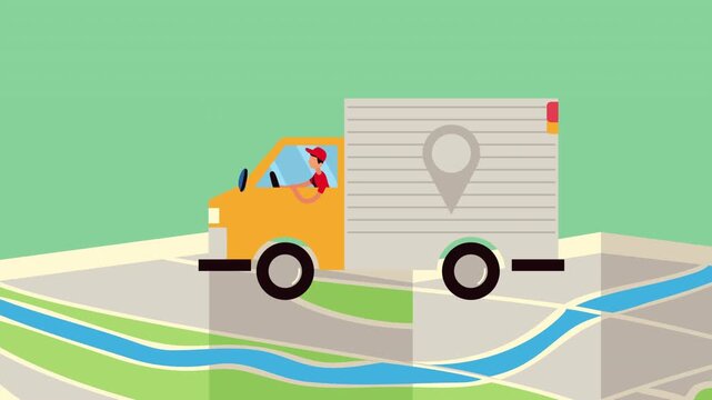 Delivery truck driver navigating urban map routes for efficient package transport and logistics across city.