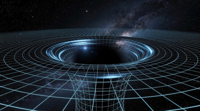 A digital visualization of a black hole warping space-time, set against a starry galaxy background.