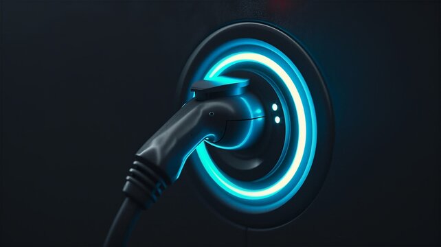 Electric vehicle charging plug inserted into glowing blue illuminated port clean energy tech concept