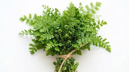 Obraz premium Fresh green fern bouquet tied with jute twine, organic botanical fern leaves on white background, minimalist forest foliage arrangement