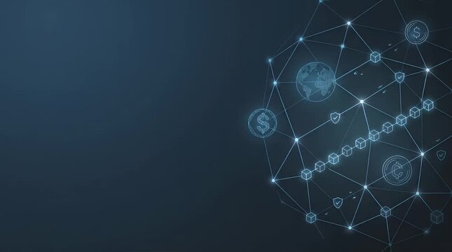 Futuristic Blockchain Network with Digital Icons and Connections