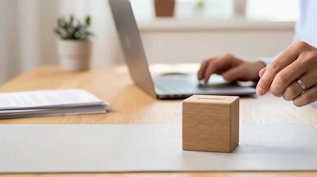 Engaging Hand Placing Token in Wooden Box on Modern Desk