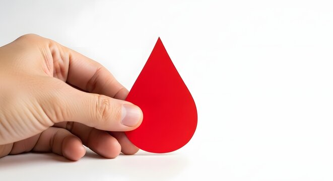 Hand holding a red paper blood drop isolated on white background