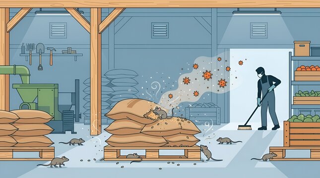 Pest Control Inspection in Warehouse with Rodents Destroying Stored Supplies
