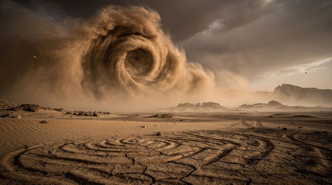 A swirling dust devil spirals dramatically over an arid desert landscape with cracked earth and distant rocky formations under a cloudy sky.