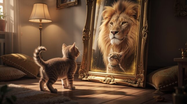 A small tabby kitten stands on a bed, gazing at its reflection in a mirror that shows a powerful lion with a majestic mane.
