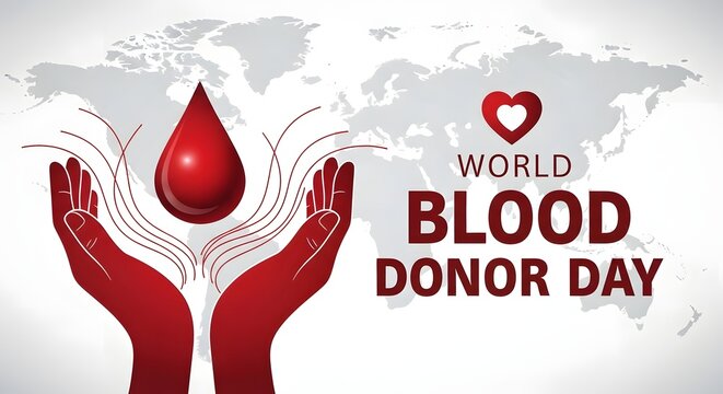 World blood donor day illustration with red hands holding a blood drop and a world map background