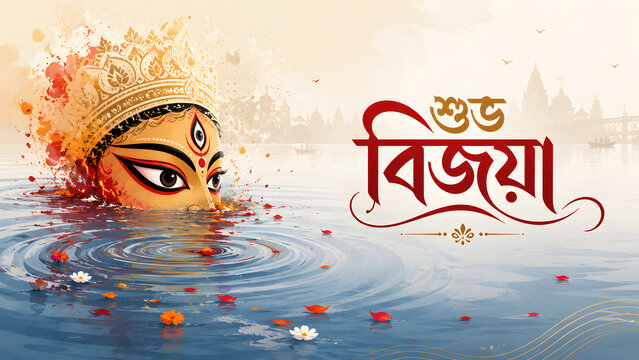 Durga Visarjan Festival Art with Bengali Shubho Bijoya Greeting