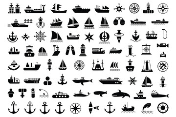 Extensive collection of black silhouette icons related to maritime and nautical themes ship boat © MST Hasina
