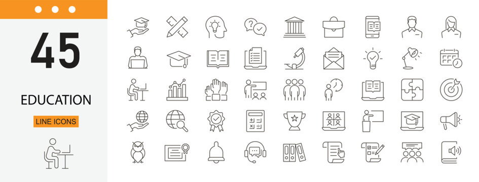 Education icons set representing learning, school, books, classroom, teacher, students, online study, academic tools and knowledge development. Editable Stroke.