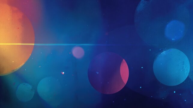 Abstract cosmic background features glowing orbs and horizontal light streaks across deep blue shades