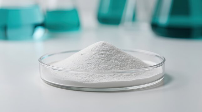 A fine white powder is displayed in a clear glass petri dish on a white surface with blurred teal lab equipment in the background.